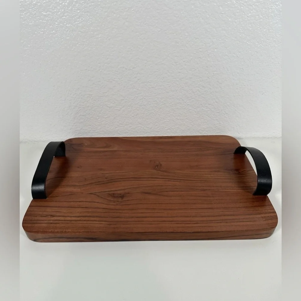 Crate And Barrel Brantley Serving Board Wood Leather Handles Tray Entertaining